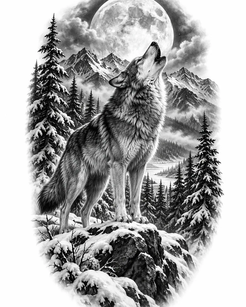 Realism howling wolf in a snowy forest tattoo design