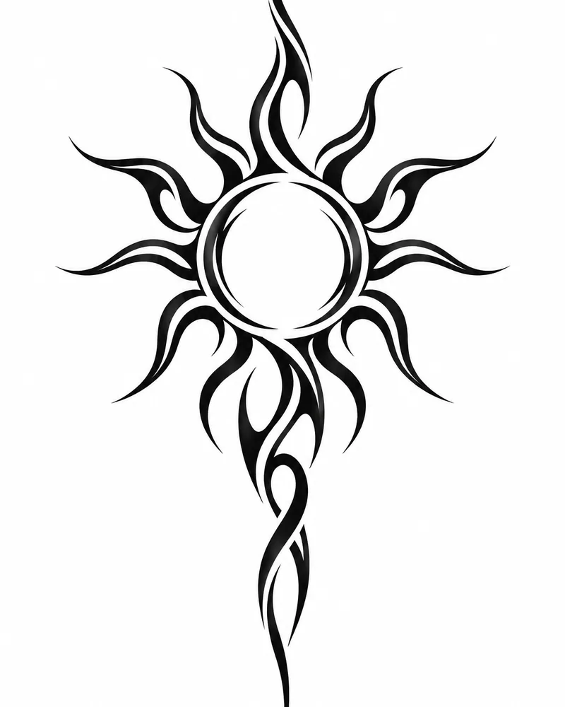 Neo-tribal sun tattoo design with flowing pointed rays