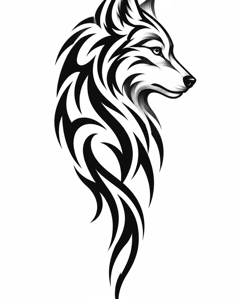 Neo-tribal wolf head tattoo design in bold black shapes