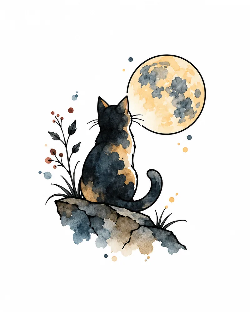 Watercolor cat and moon tattoo design, for the wrist