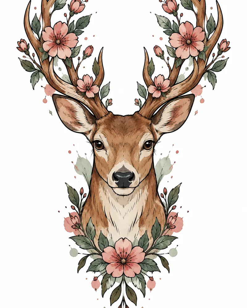 Watercolor deer with floral antlers tattoo design, planned as a back piece