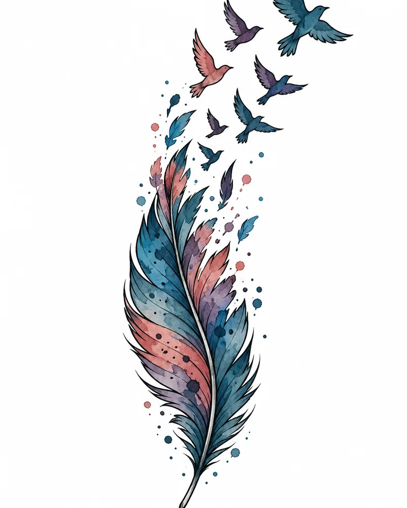 Watercolor feather turning into birds tattoo design