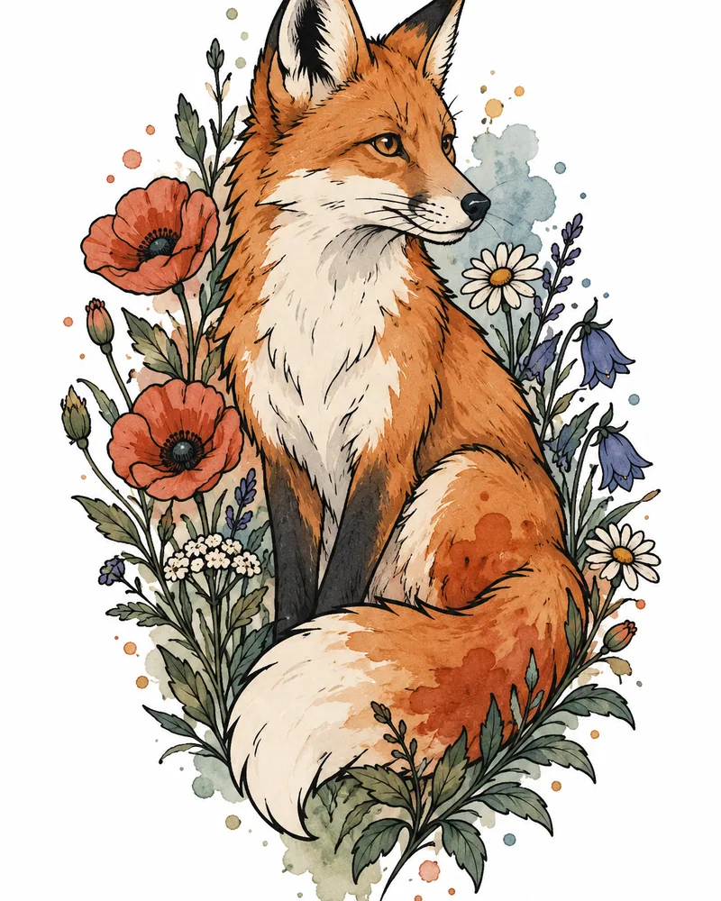 Watercolor fox in wildflowers tattoo design