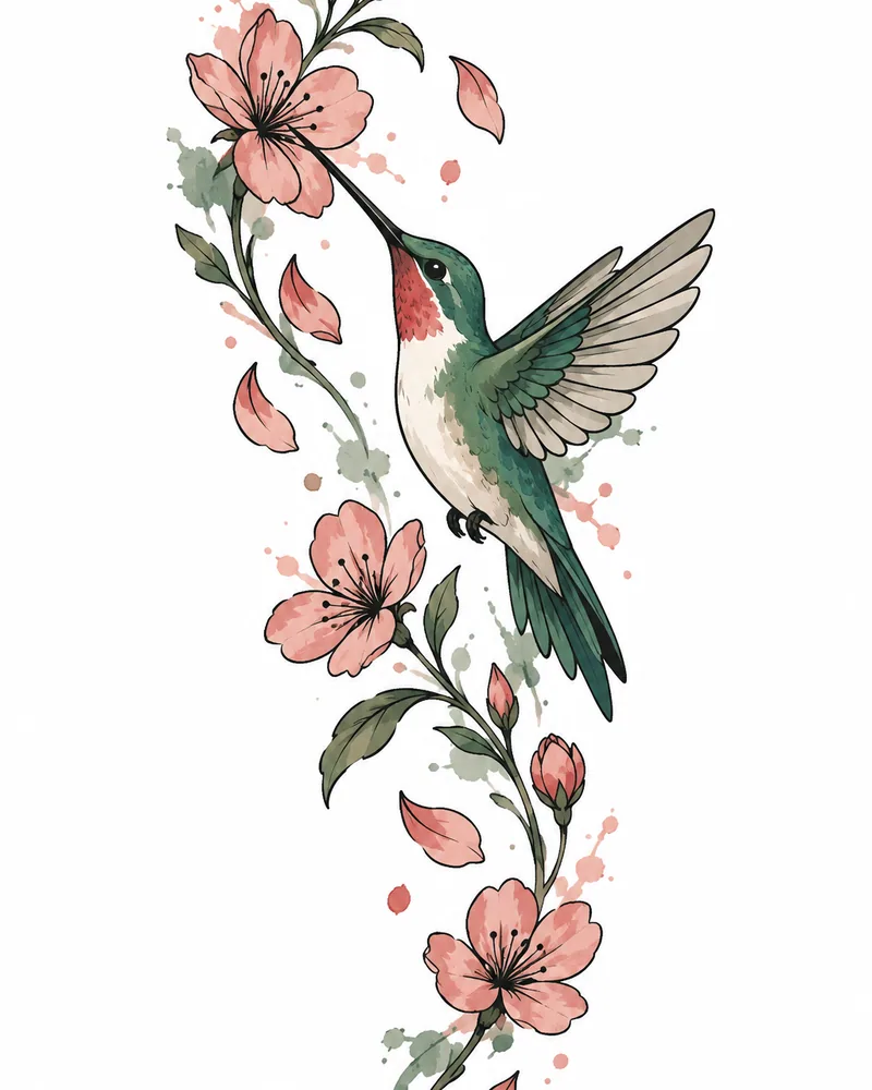 Watercolor hummingbird tattoo design among drifting petals