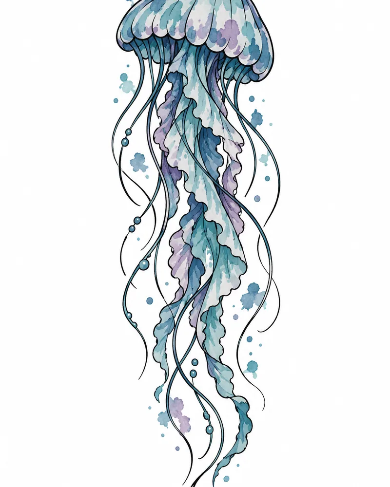 Watercolor jellyfish tattoo design with long tentacles