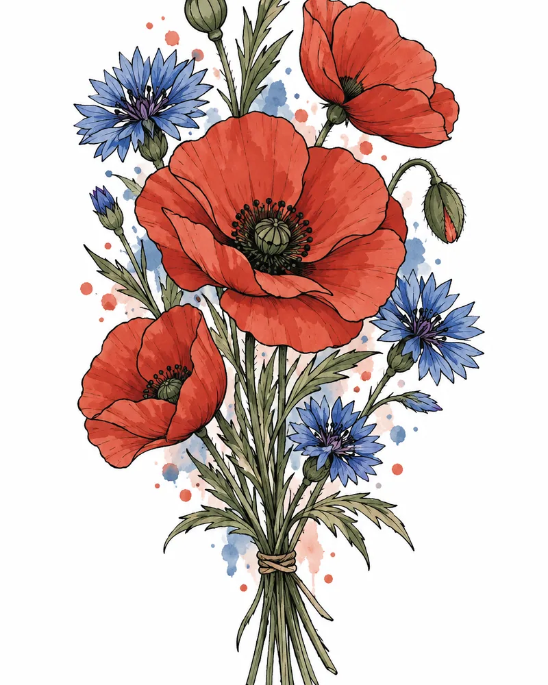 Watercolor poppies and cornflowers tattoo design