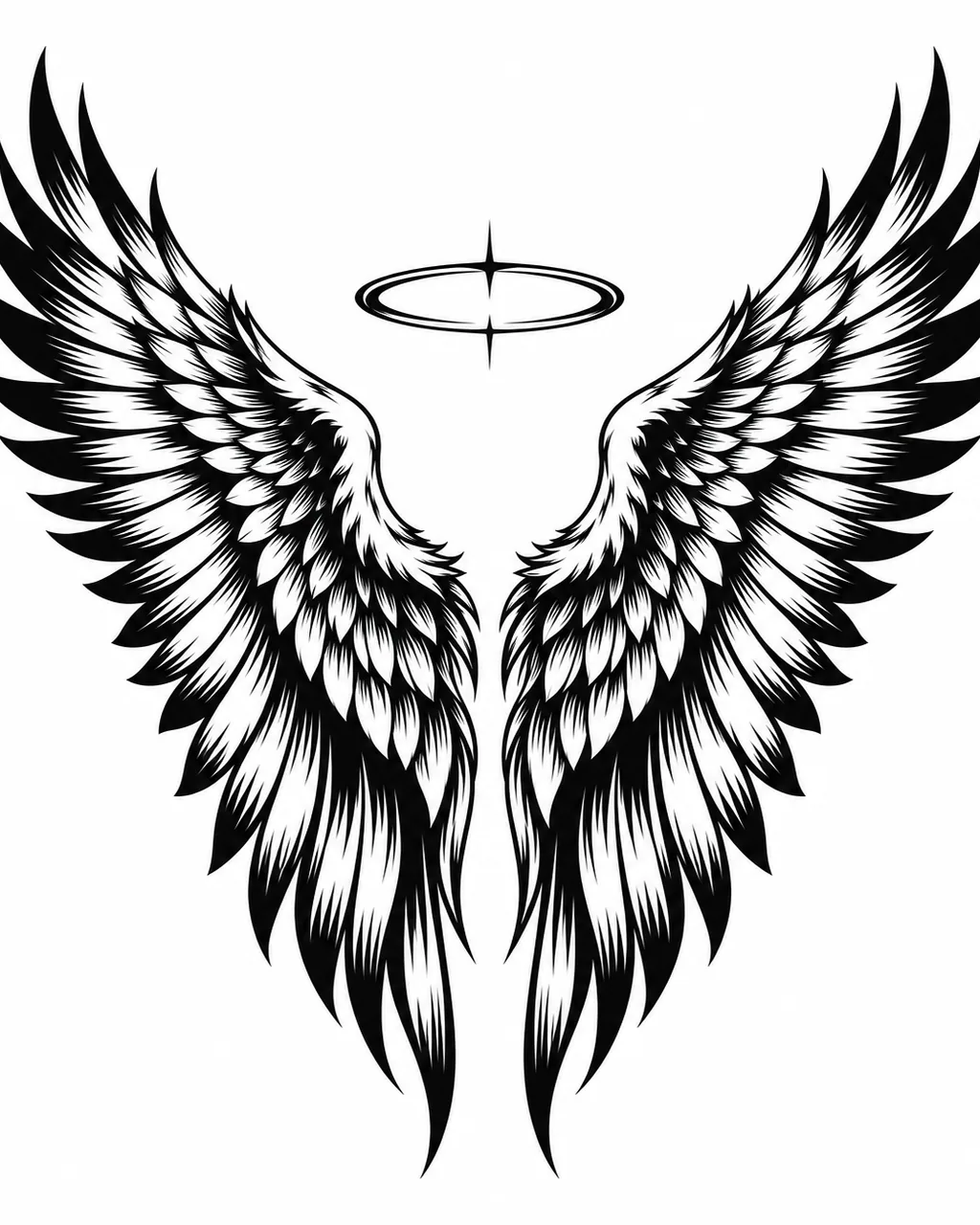 Blackwork angel wings tattoo design spread wide with a halo, planned as a back piece