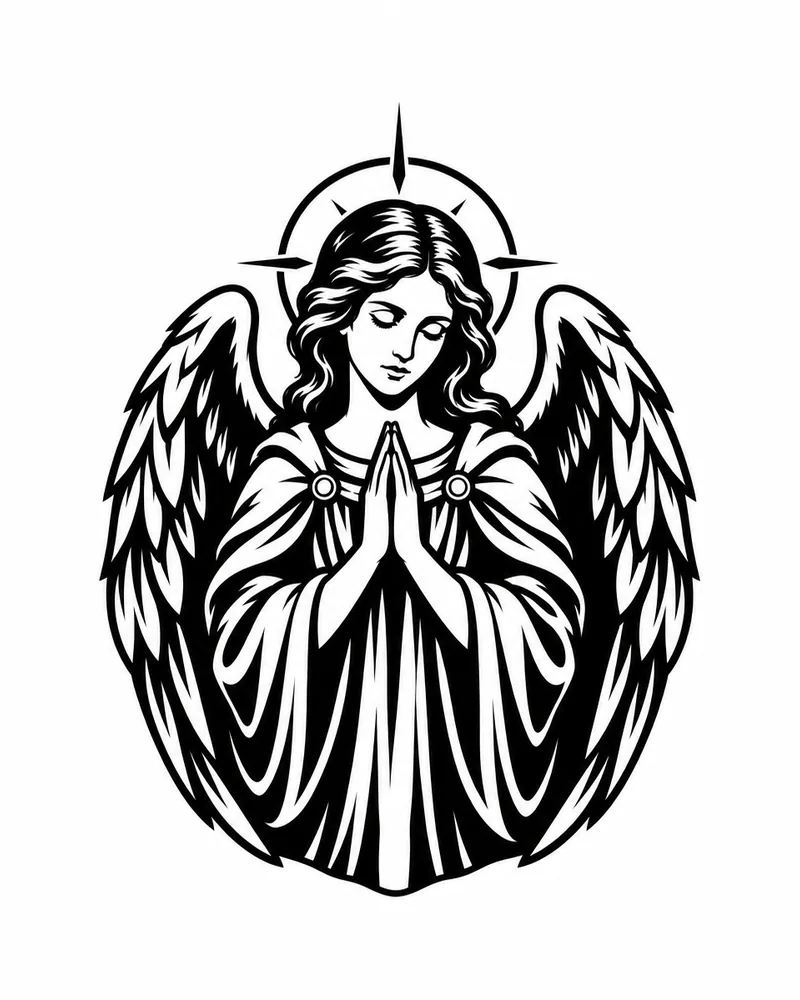 Blackwork angel tattoo design: a fully clothed robed angel praying with folded wings, black and grey, for the wrist