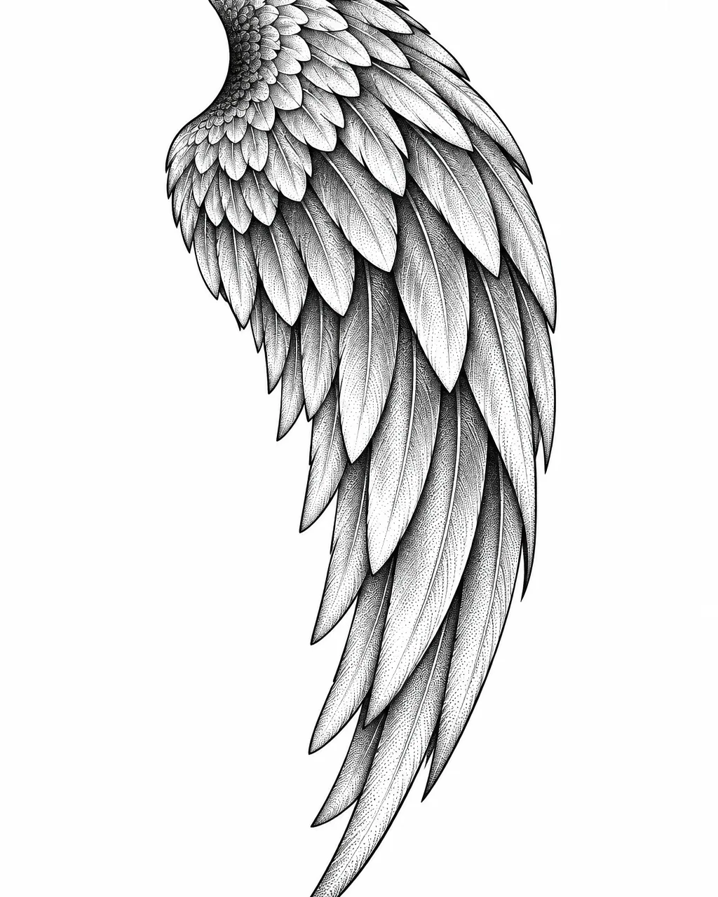 Dotwork single angel wing tattoo design, for the upper arm