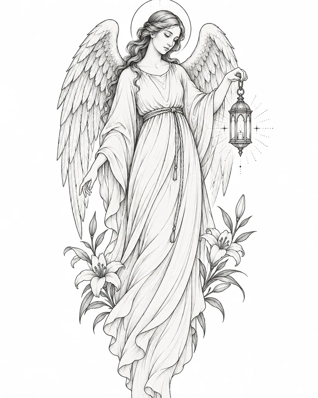 Fine line angel tattoo design of a robed angel holding a lantern, for the calf