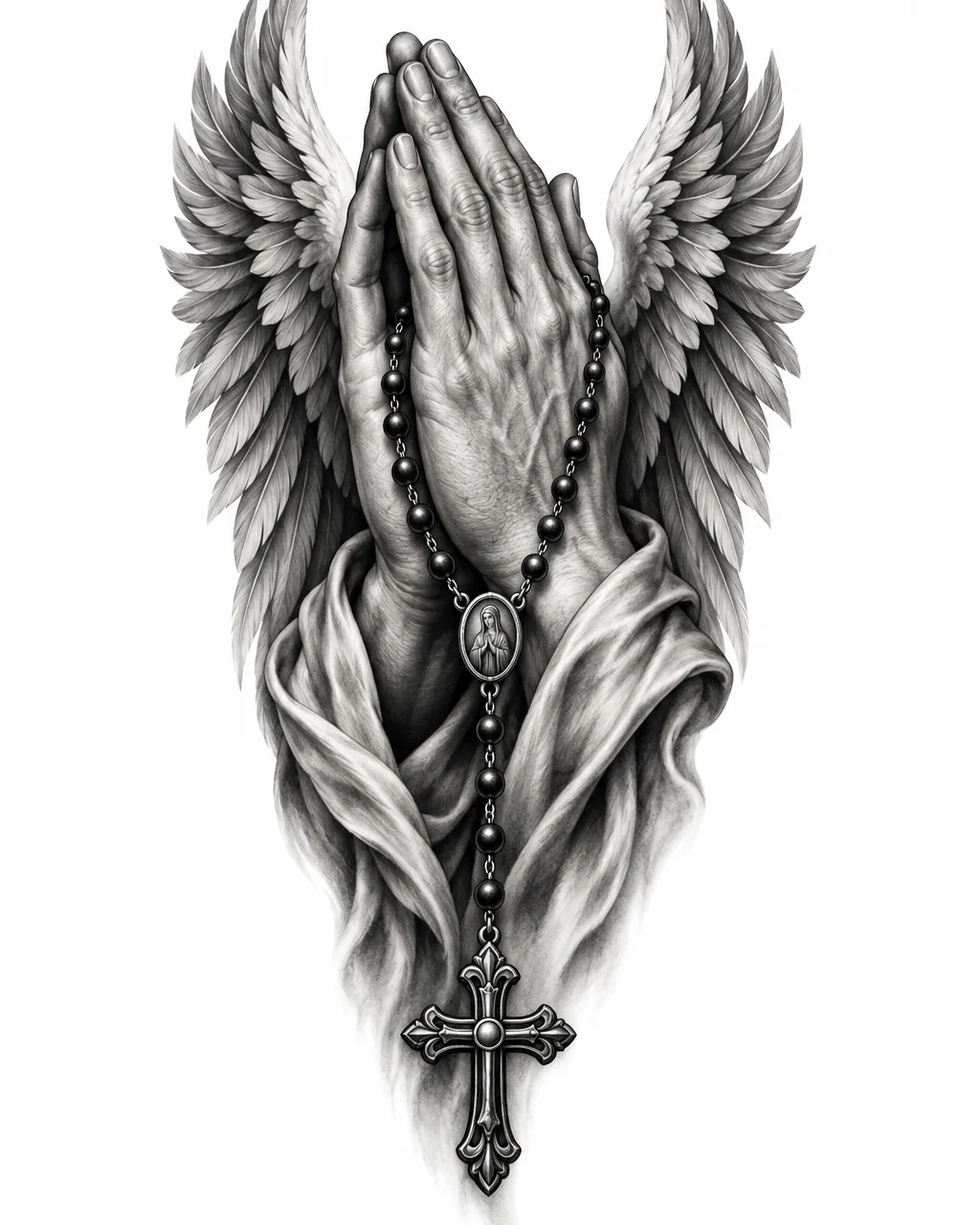 Black and grey realism praying hands angel tattoo design with wings, for the forearm