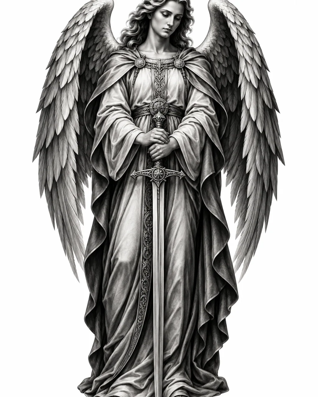 Black and grey realism archangel tattoo design with a lowered sword, for the upper arm