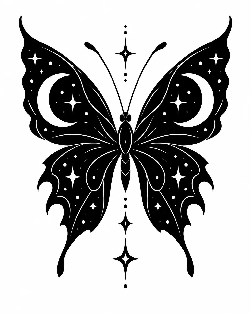 Blackwork butterfly tattoo design with a crescent moon in its wings, for the calf