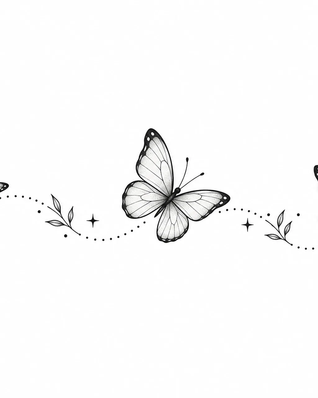 Fine line butterfly tattoo design of three butterflies on a dotted path, for the ankle