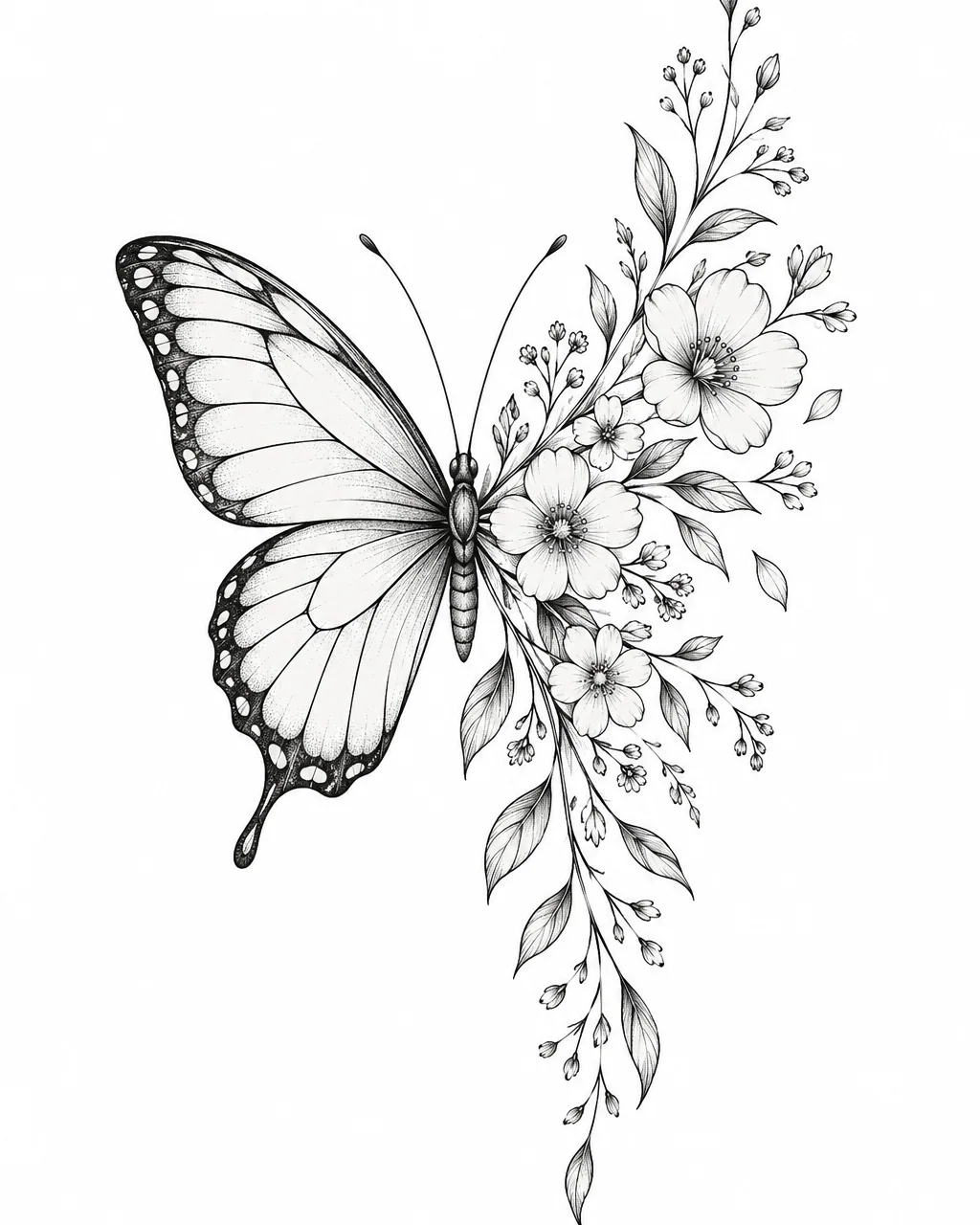 Fine line butterfly tattoo design whose right half turns into wildflowers, black ink, for the forearm