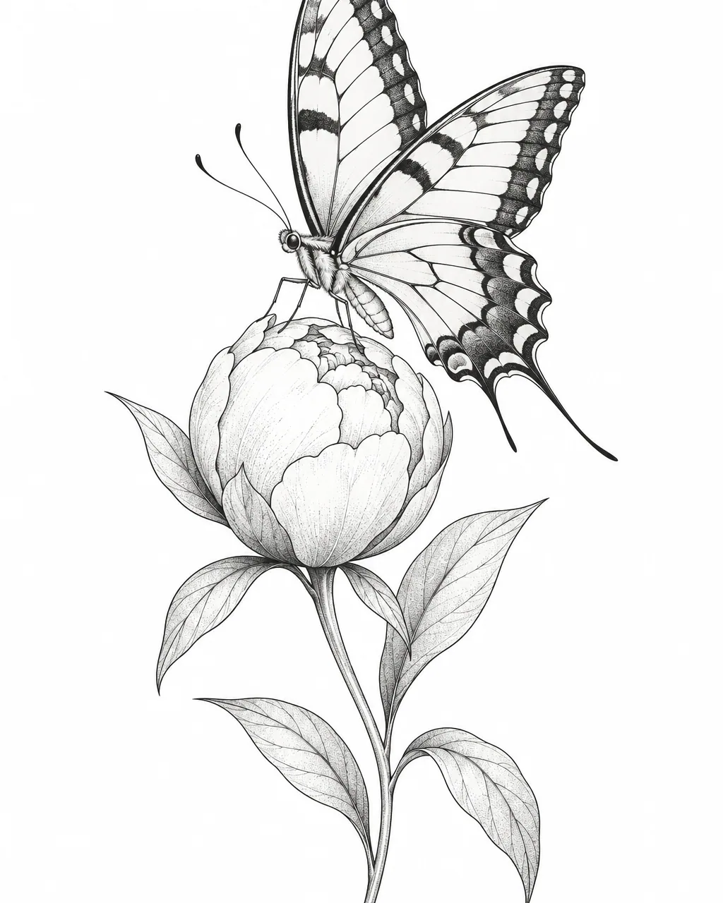 Fine line swallowtail butterfly tattoo design resting on a peony bud, black ink, for the upper arm