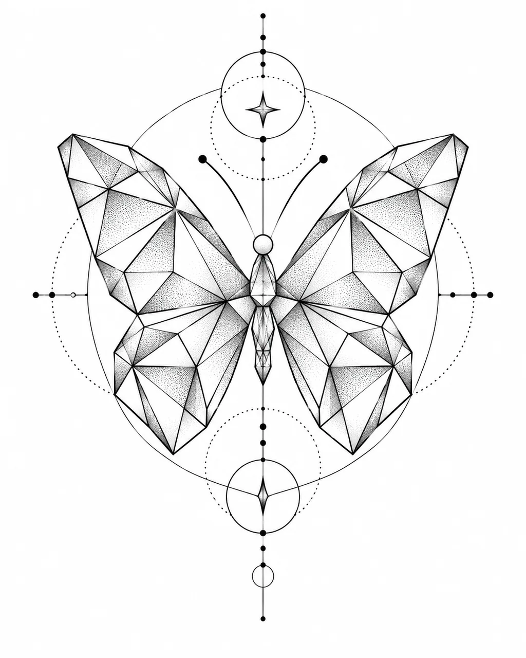 Geometric butterfly tattoo design with faceted triangle wings, black ink, for the upper arm