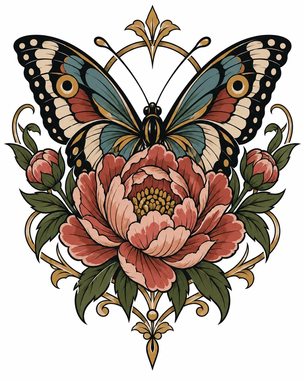 Neo-traditional butterfly tattoo design framing a peony in jewel tones, for the upper arm
