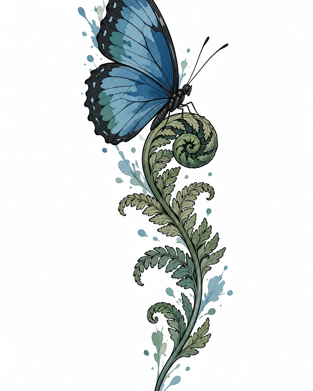 Watercolor morpho butterfly tattoo design on a fern in slate blue, for the forearm