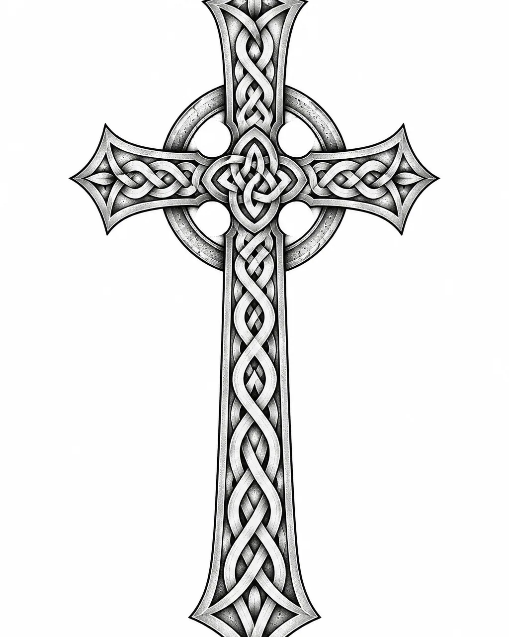 Dotwork high cross tattoo design with knotwork panels, for the forearm