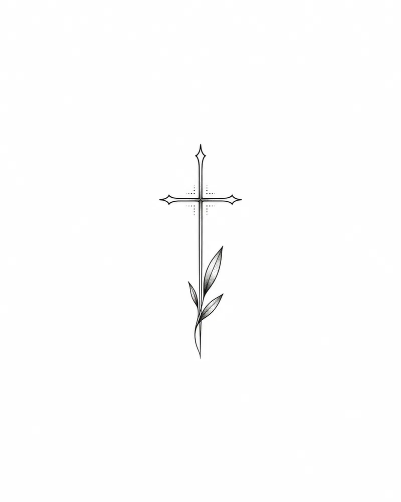 Tiny fine line cross tattoo design with an olive leaf, black ink, for a finger