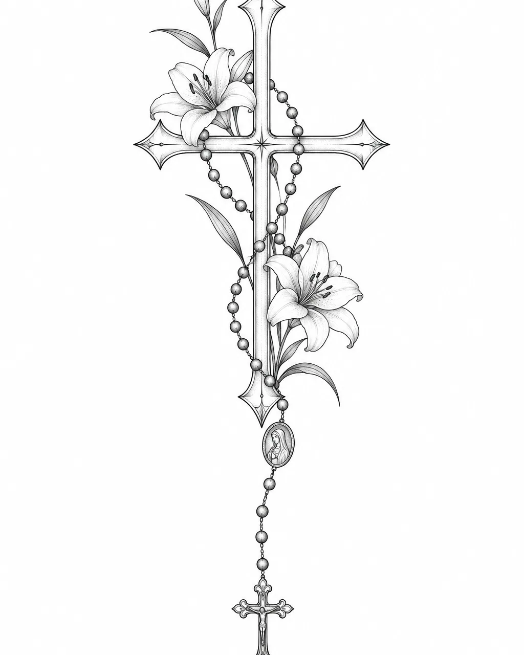 Fine line cross tattoo design draped with a rosary, black ink, for the forearm