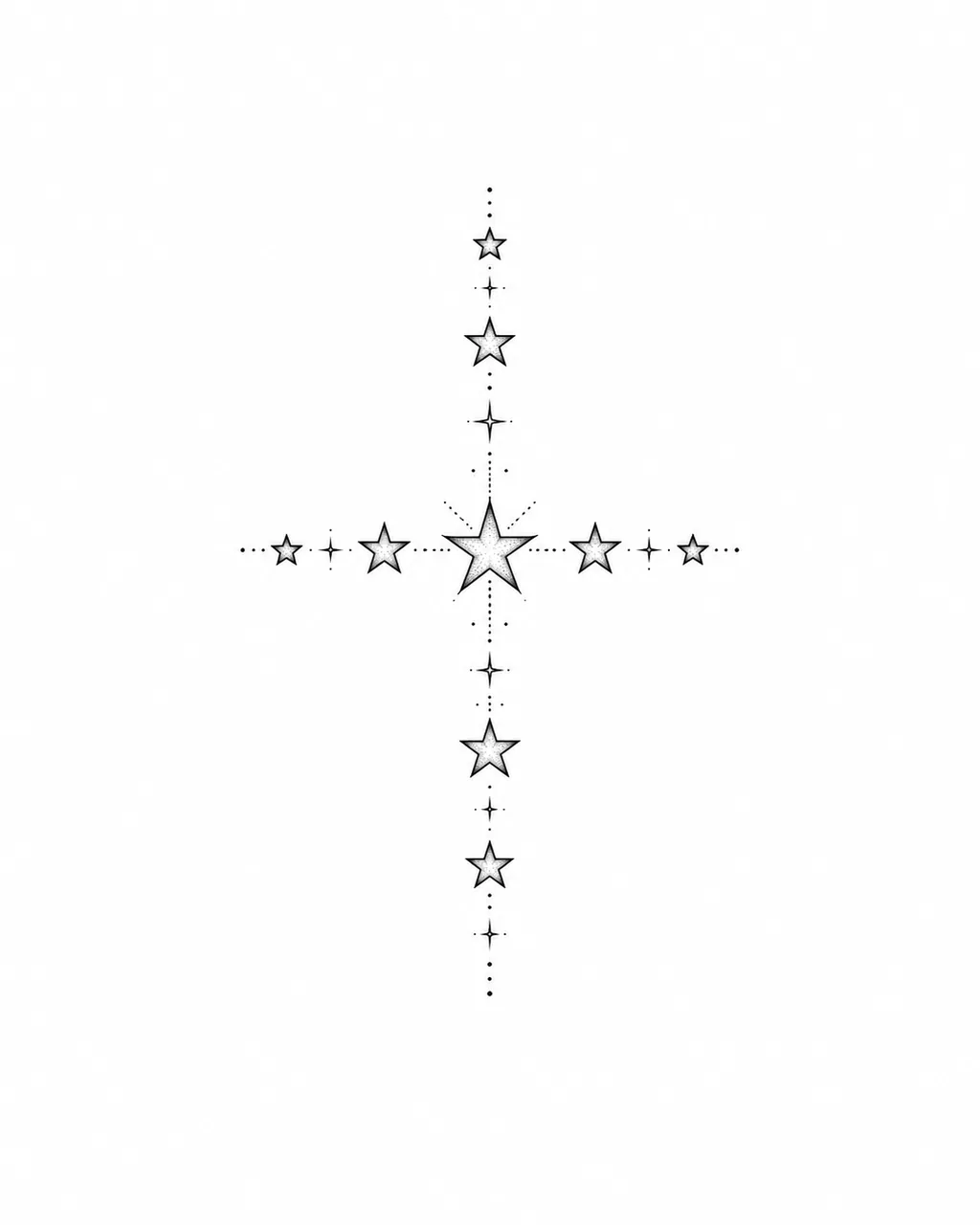 Fine line cross tattoo design made of tiny stars, for the back of the neck
