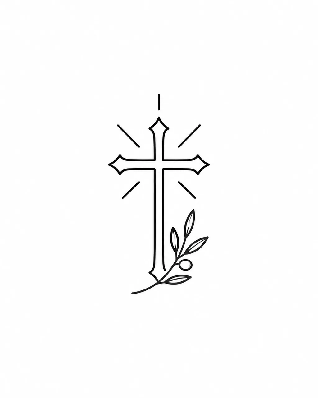 Minimalist cross tattoo design with short rays and an olive sprig, for the wrist