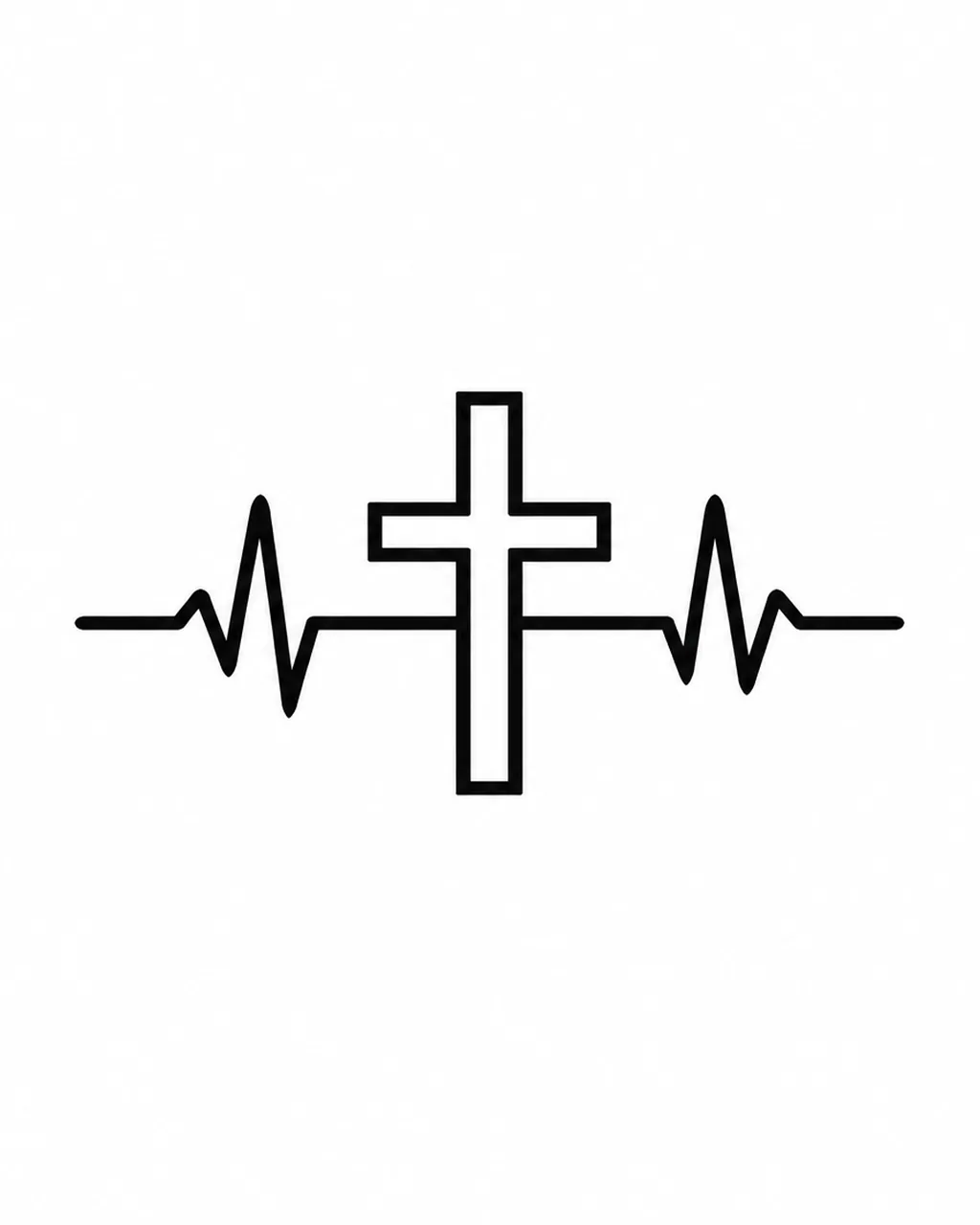 Minimalist cross tattoo design with a heartbeat line, for the wrist