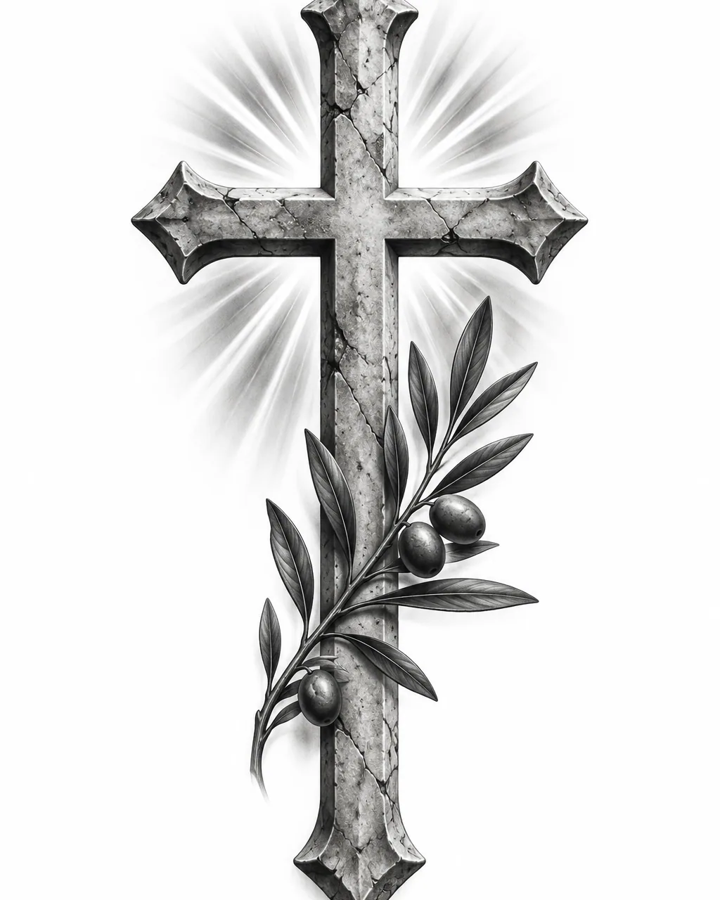 Black and grey realism cross tattoo design with rays of light and olive, for the forearm