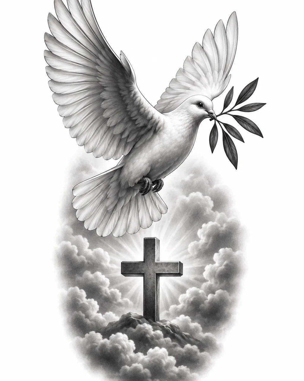 Black and grey realism cross tattoo design with a dove and olive branch, for the upper arm