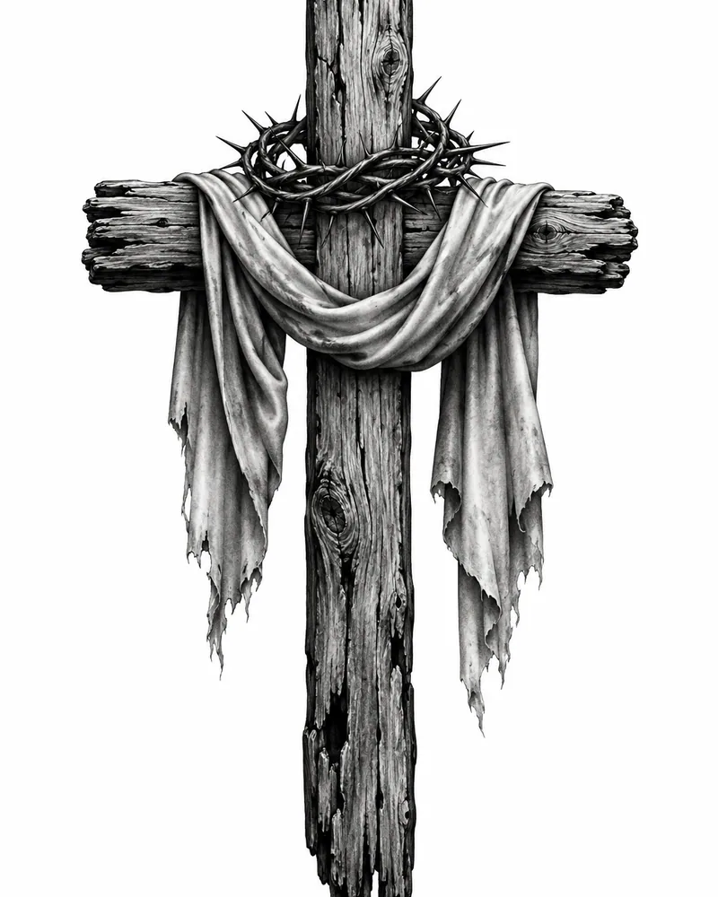 Realism cross tattoo design: a small weathered wooden cross with grain detail, black and grey, for the upper arm