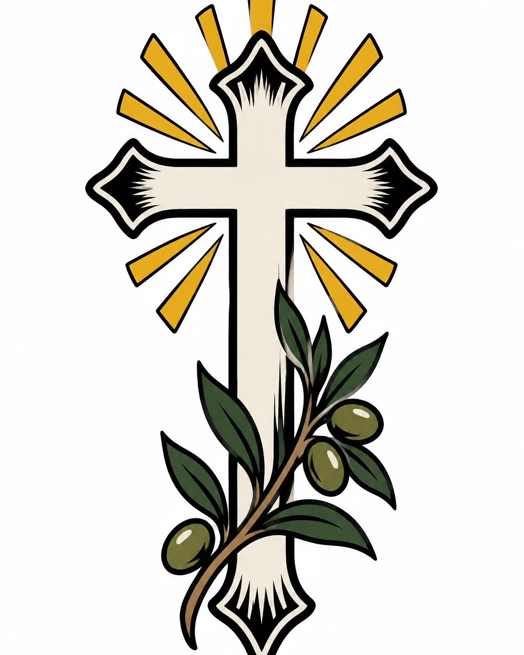 American traditional cross tattoo design with yellow rays and olive, for the forearm