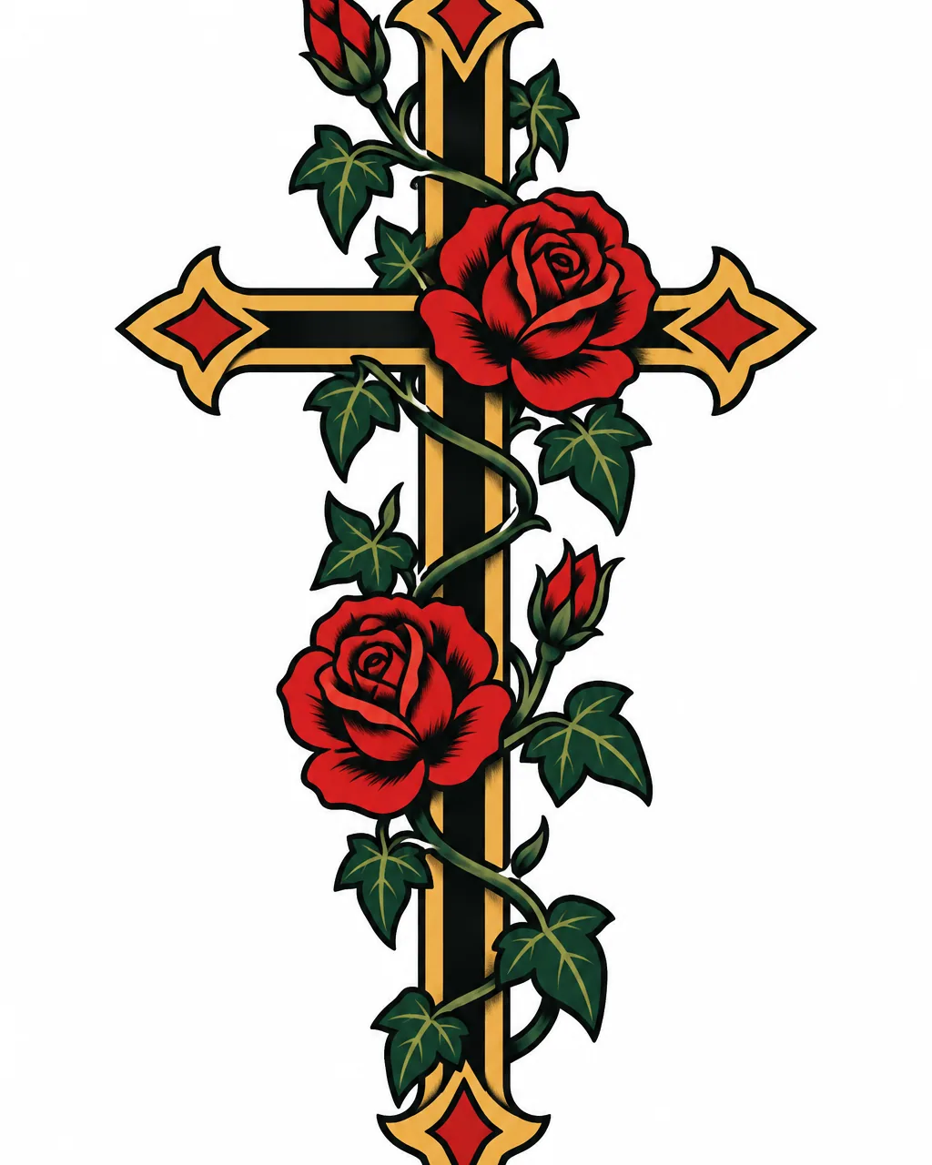 American traditional cross tattoo design wrapped in roses and ivy, for the forearm