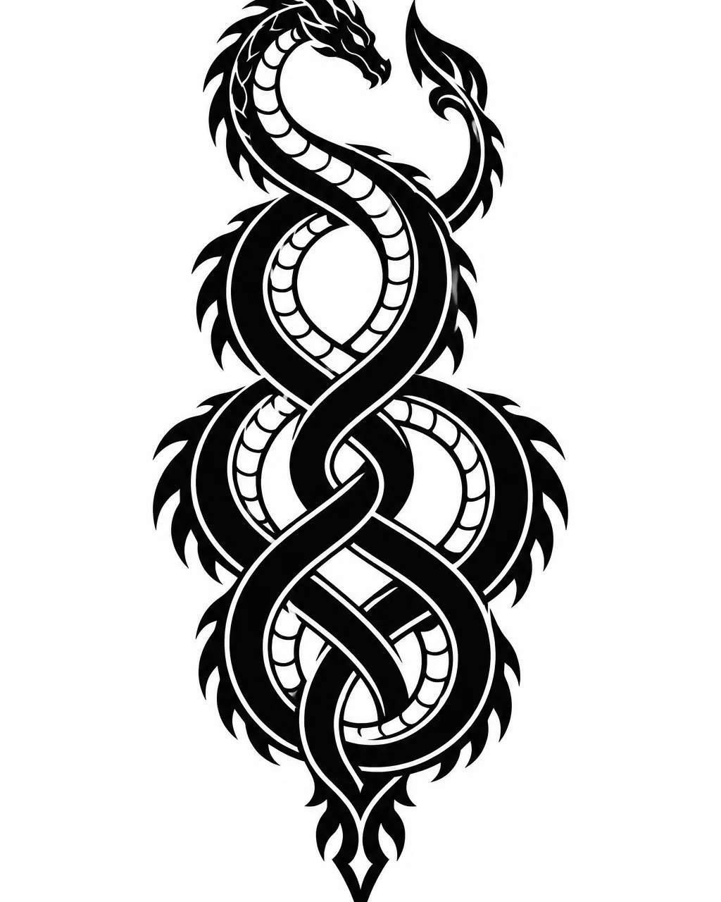 Blackwork knotwork dragon tattoo design with an interlaced body, for the calf