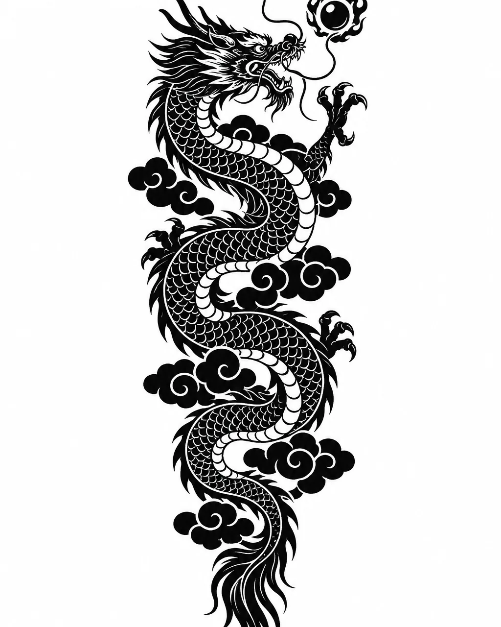 Blackwork dragon tattoo design in solid black with negative-space scales, for the forearm