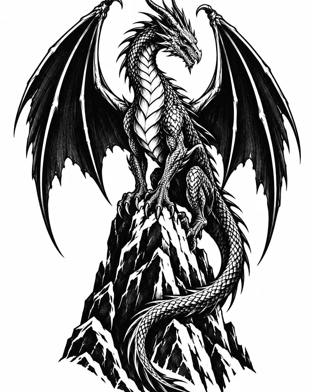 Blackwork western dragon tattoo design perched on a peak with spread wings, for the upper arm