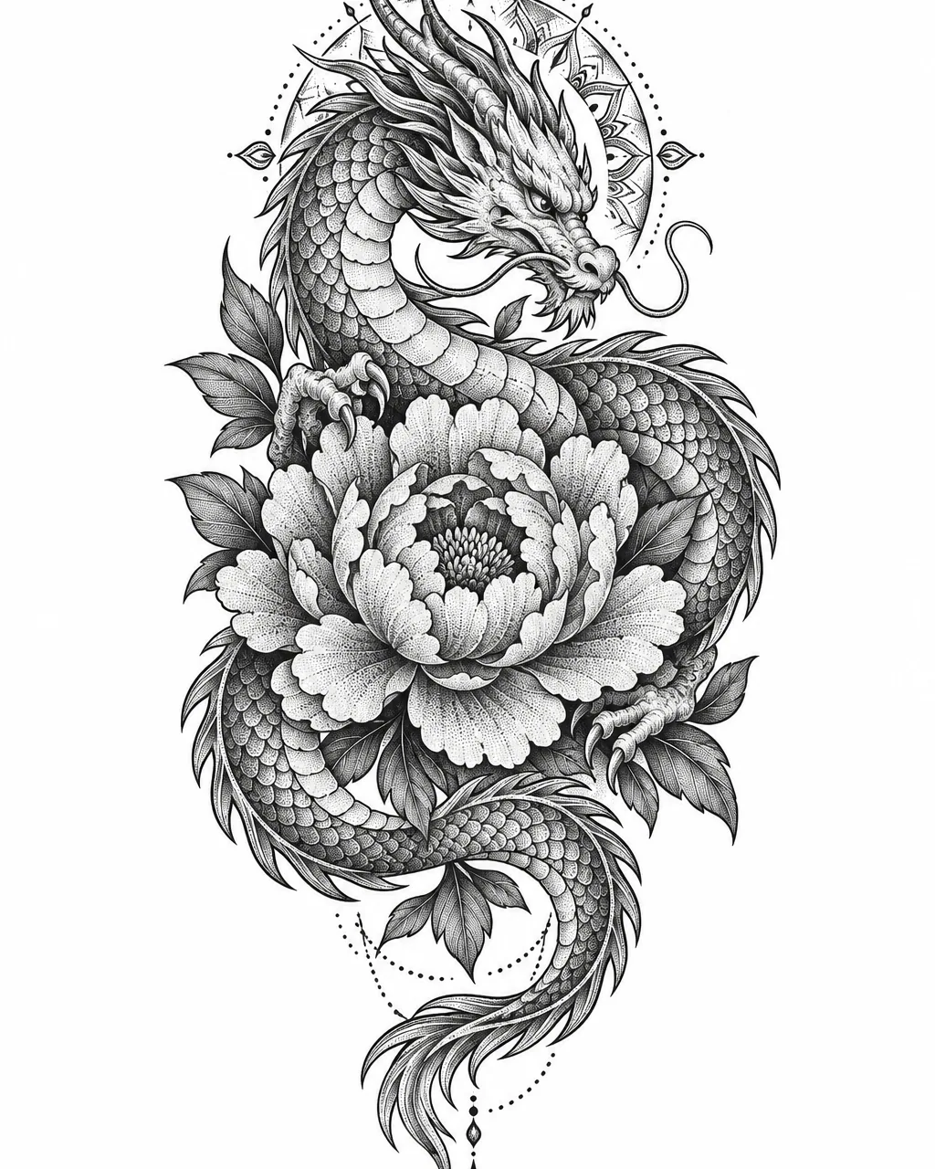 Dotwork dragon tattoo design curled around a peony, black ink, for the upper arm
