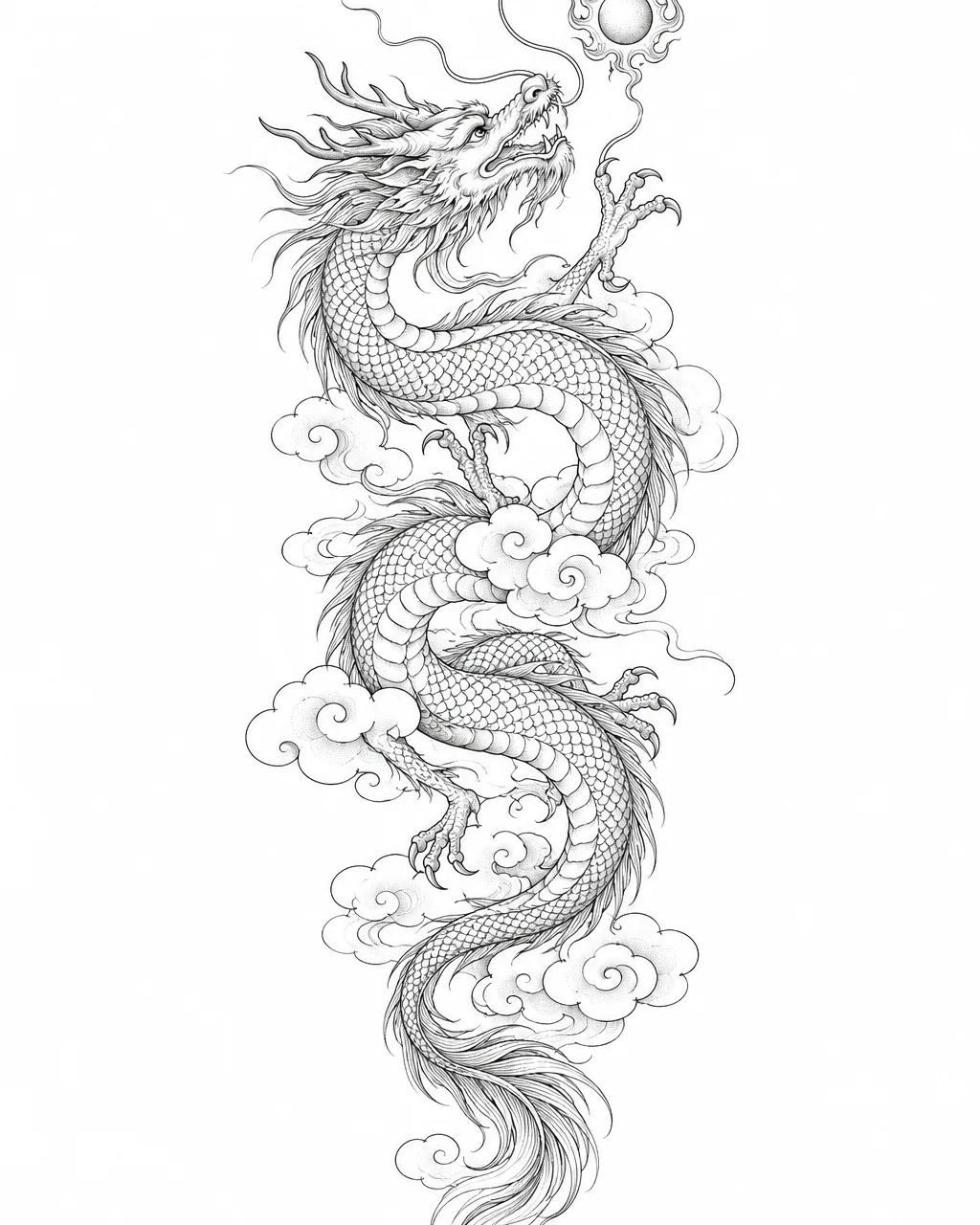 Fine line dragon tattoo design coiling through clouds after a pearl, black ink, for the forearm