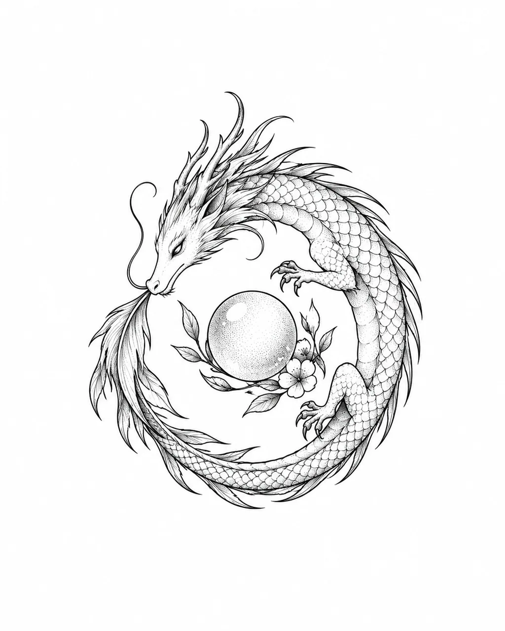 Fine line dragon tattoo design coiled in a circle around a pearl, black ink, for the wrist