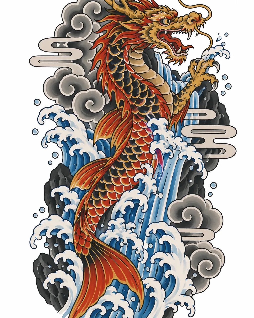 Japanese dragon tattoo design of a koi turning into a dragon at a waterfall, for the calf