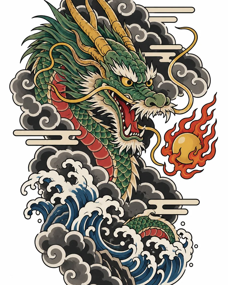 Japanese dragon head tattoo design emerging from clouds with a pearl, in color, for the calf