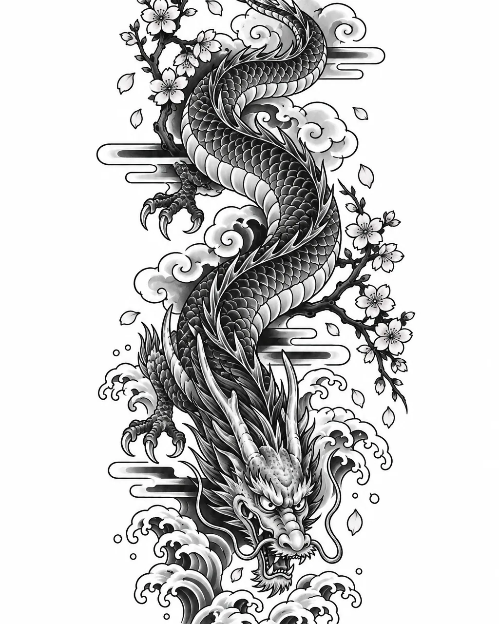 Japanese dragon tattoo design descending through cherry blossoms, black and grey, for the forearm