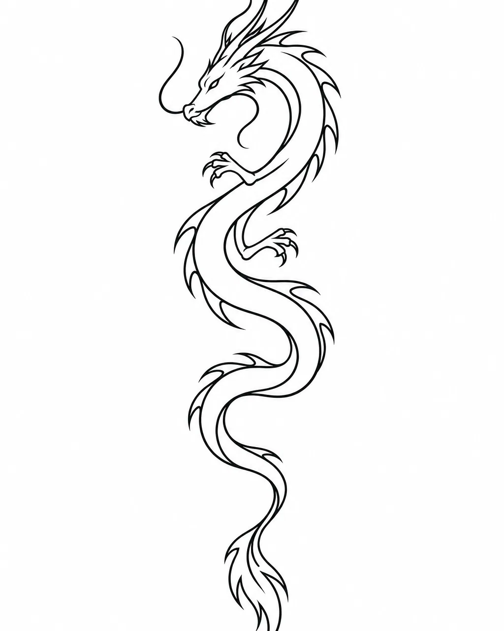 Minimalist dragon tattoo design in one long spiraling line, for the forearm