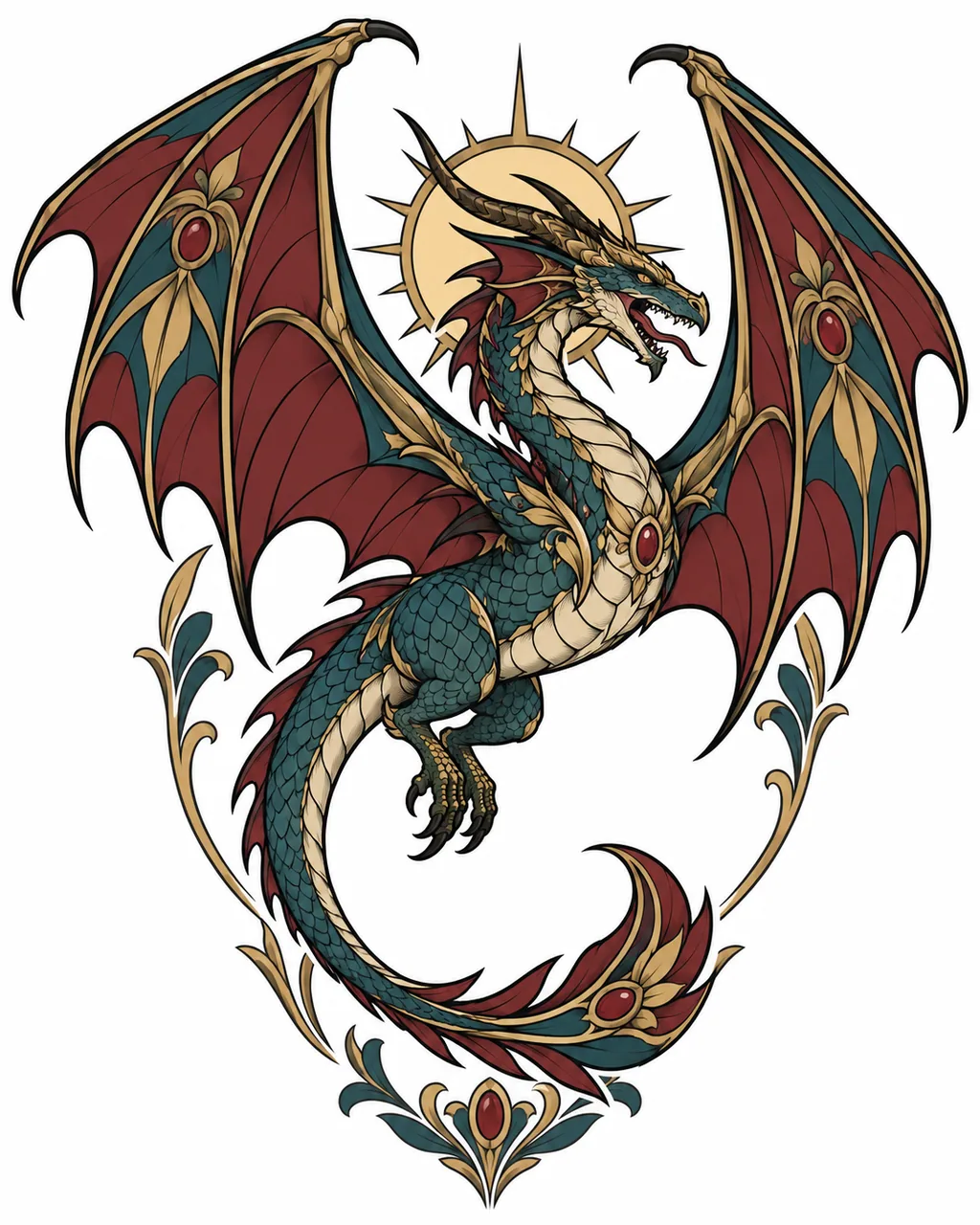 Neo-traditional dragon tattoo design of a wyvern in flight in jewel tones, for the upper arm