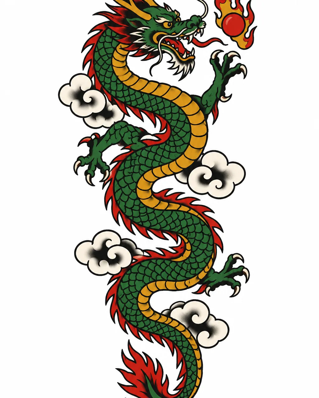 American traditional dragon tattoo design chasing a red pearl, green and mustard, for the forearm