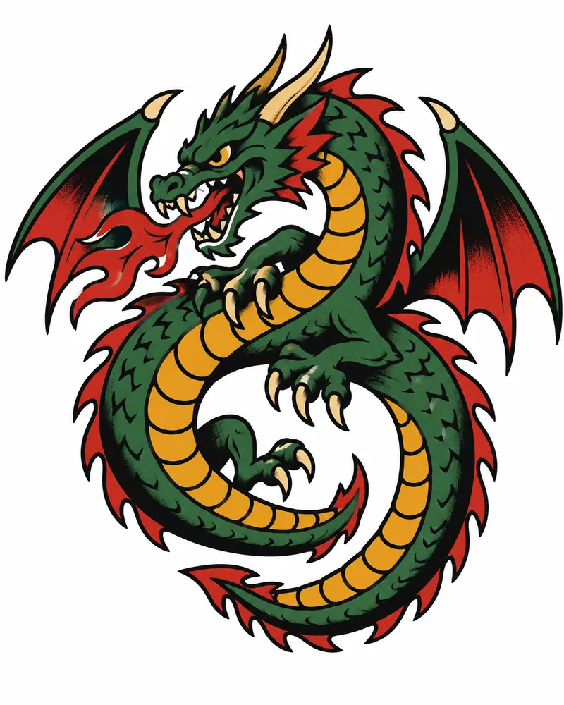American traditional dragon tattoo flash coiled in a circle, green and red, for the upper arm