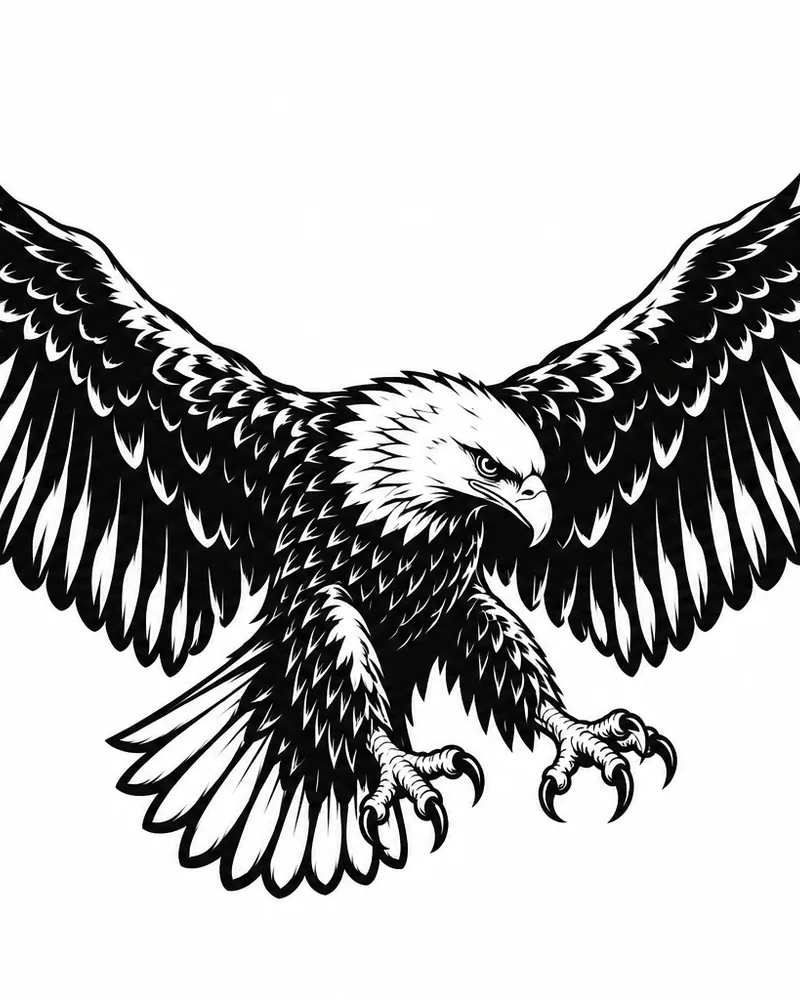Blackwork eagle tattoo design: an eagle landing with wings extended, natural asymmetrical pose, black and grey, for the chest