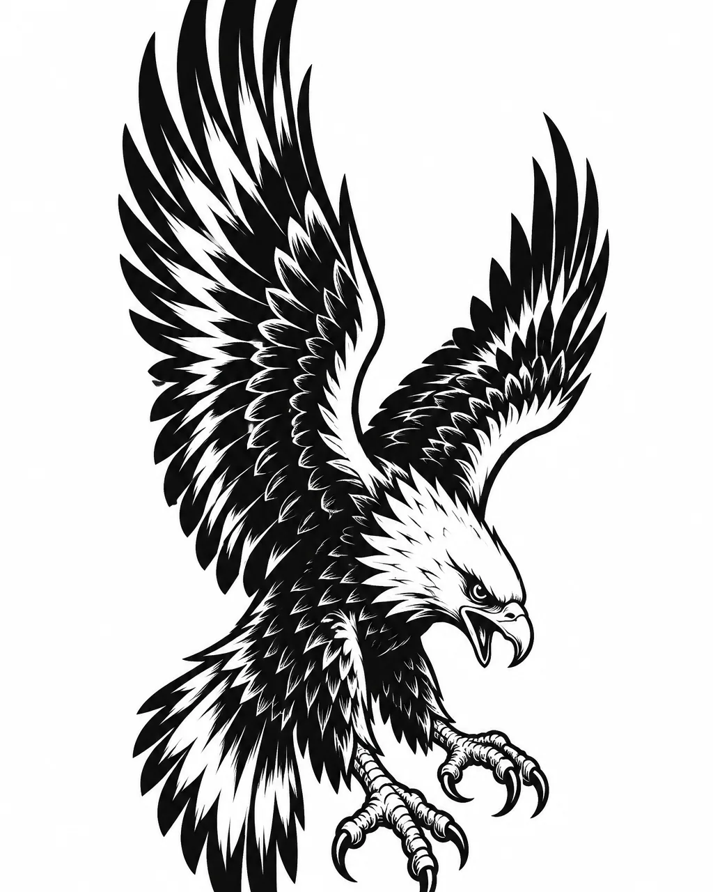 Blackwork eagle tattoo design diving with carved-out feathers, for the forearm