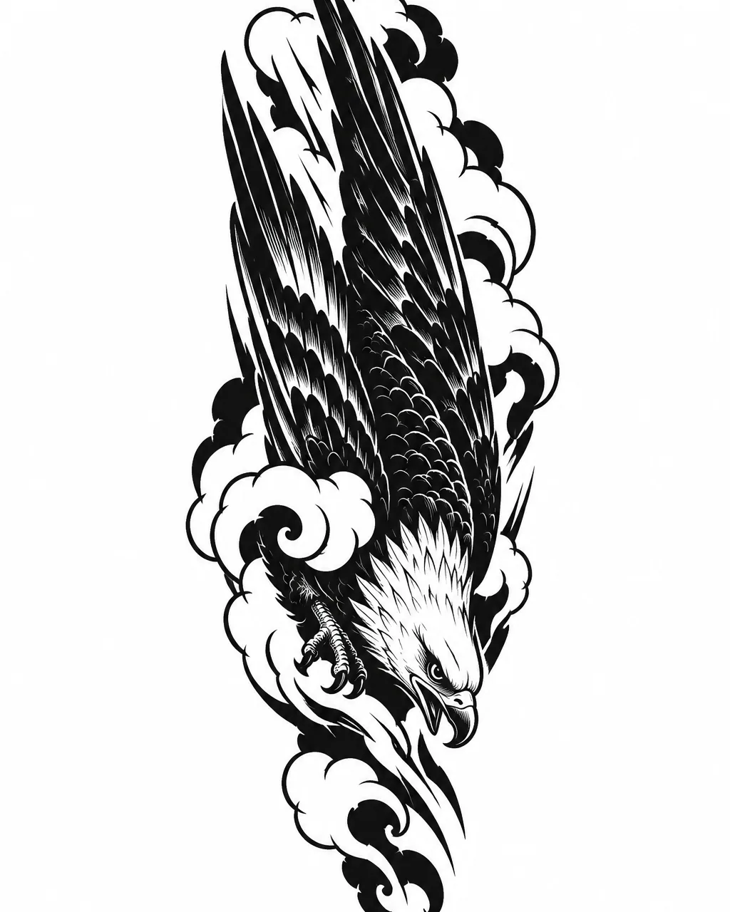 Blackwork eagle tattoo design diving through clouds, for the forearm